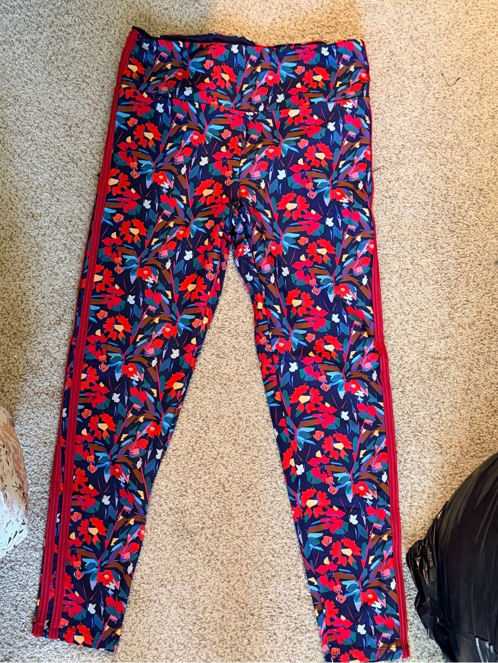 Navy Floral Leggings with Red Accent Side Stripe